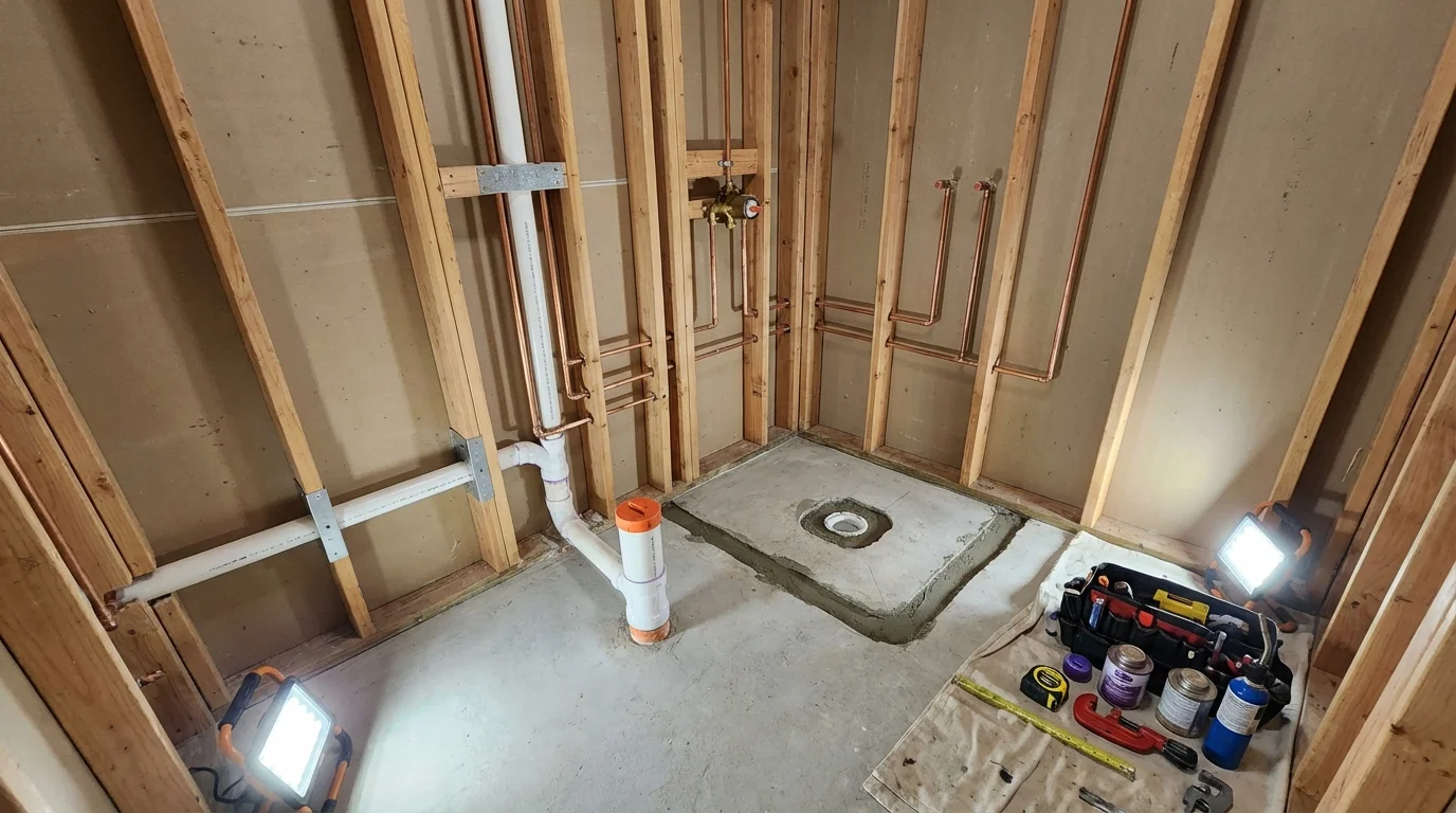 Bathroom rough-in plumbing during remodel by Johns Plumbing LLC in Canoga Park