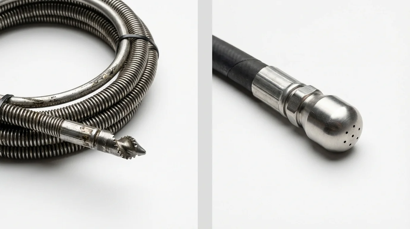 Drain snake cable and hydro jetting nozzle used for drain cleaning in Canoga Park, CA