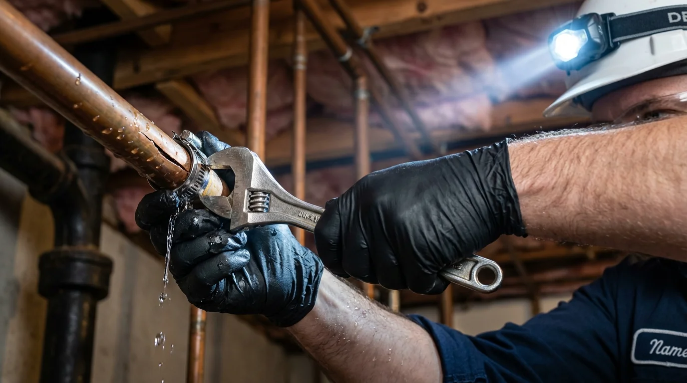 Emergency pipe clamp repair being performed by a Johns Plumbing LLC plumber in Canoga Park