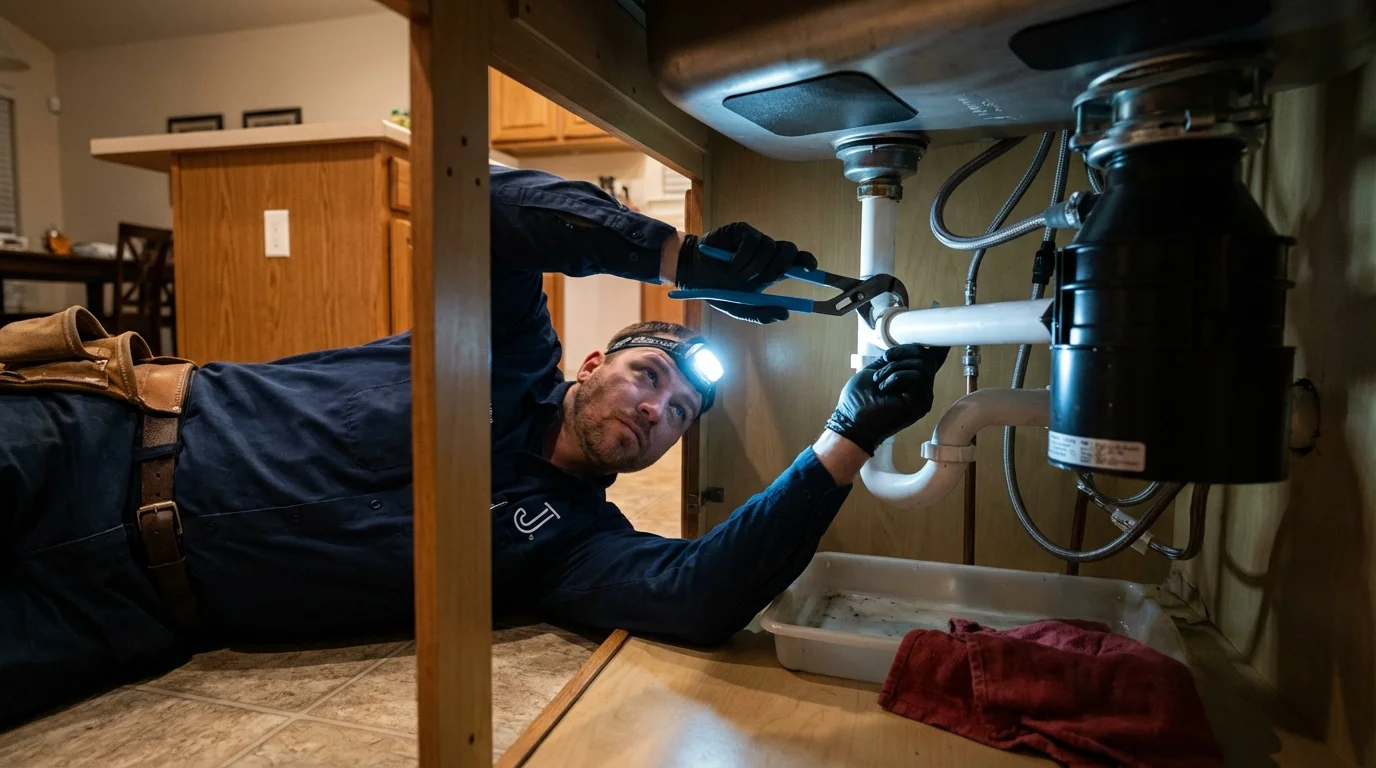 P-trap and supply line connections under a kitchen sink showing a common leak point in Canoga Park, CA